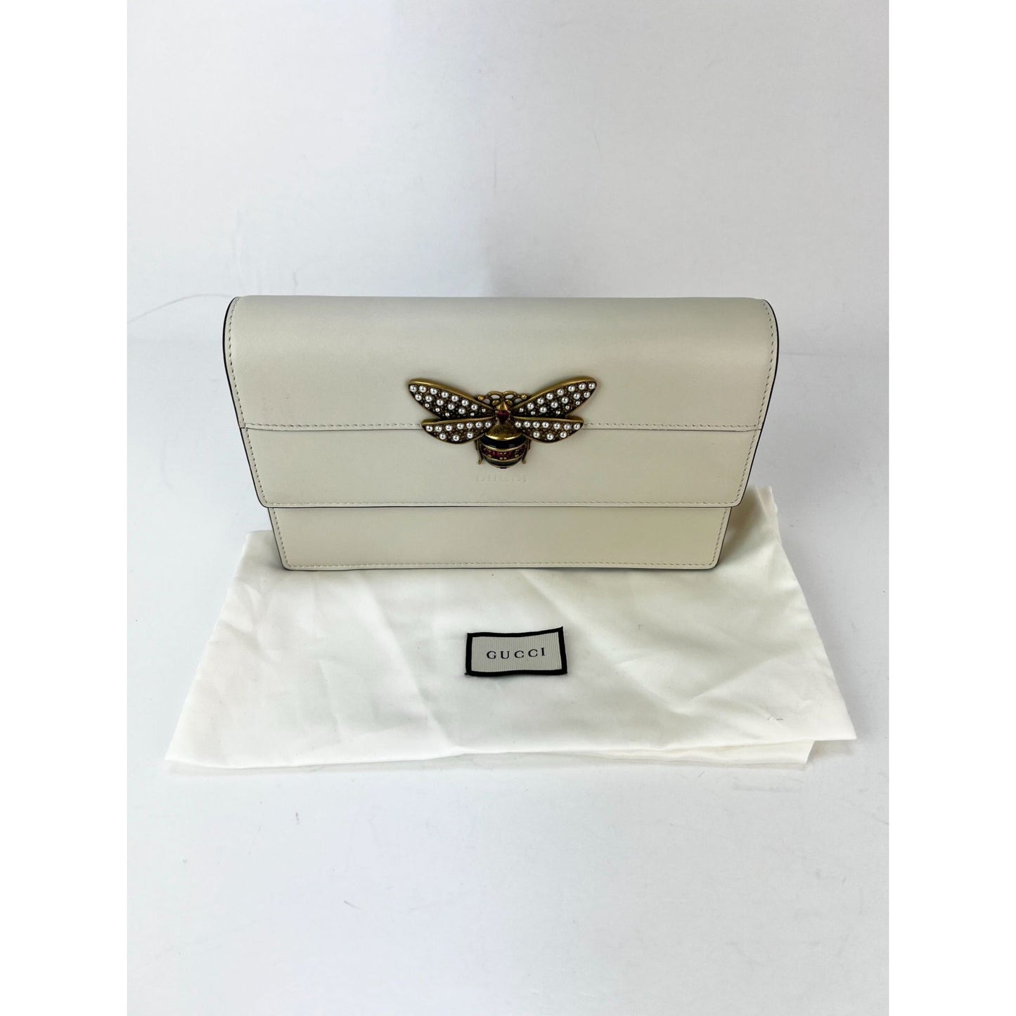 Gucci Queen Margaret Bee Wallet on a Chain Mystic White Clutch