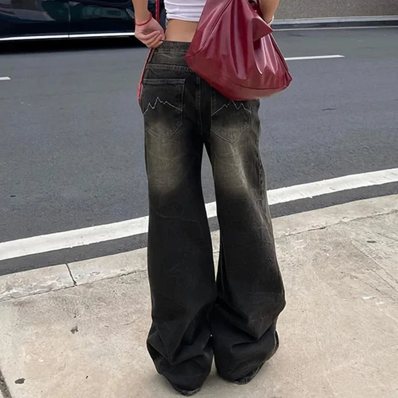 Low Waist Jeans for Women Goth Y2k Style Baggy Jeans Punk New Jeans Wide Leg Denim Pants Kpop Casual Loose Streetwear