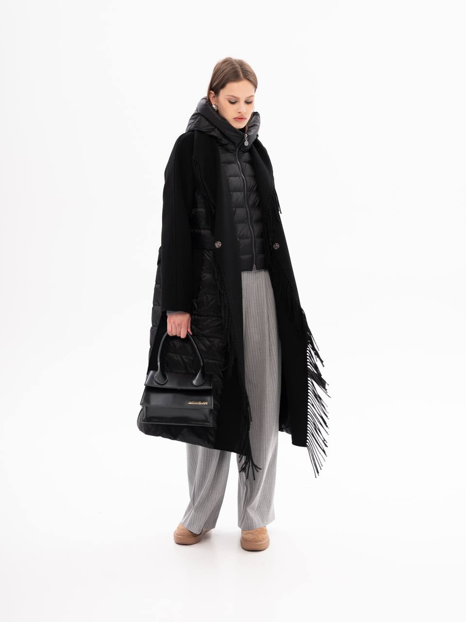 Kennedy Fringe Luxe Down Wool Blend Coat in Black