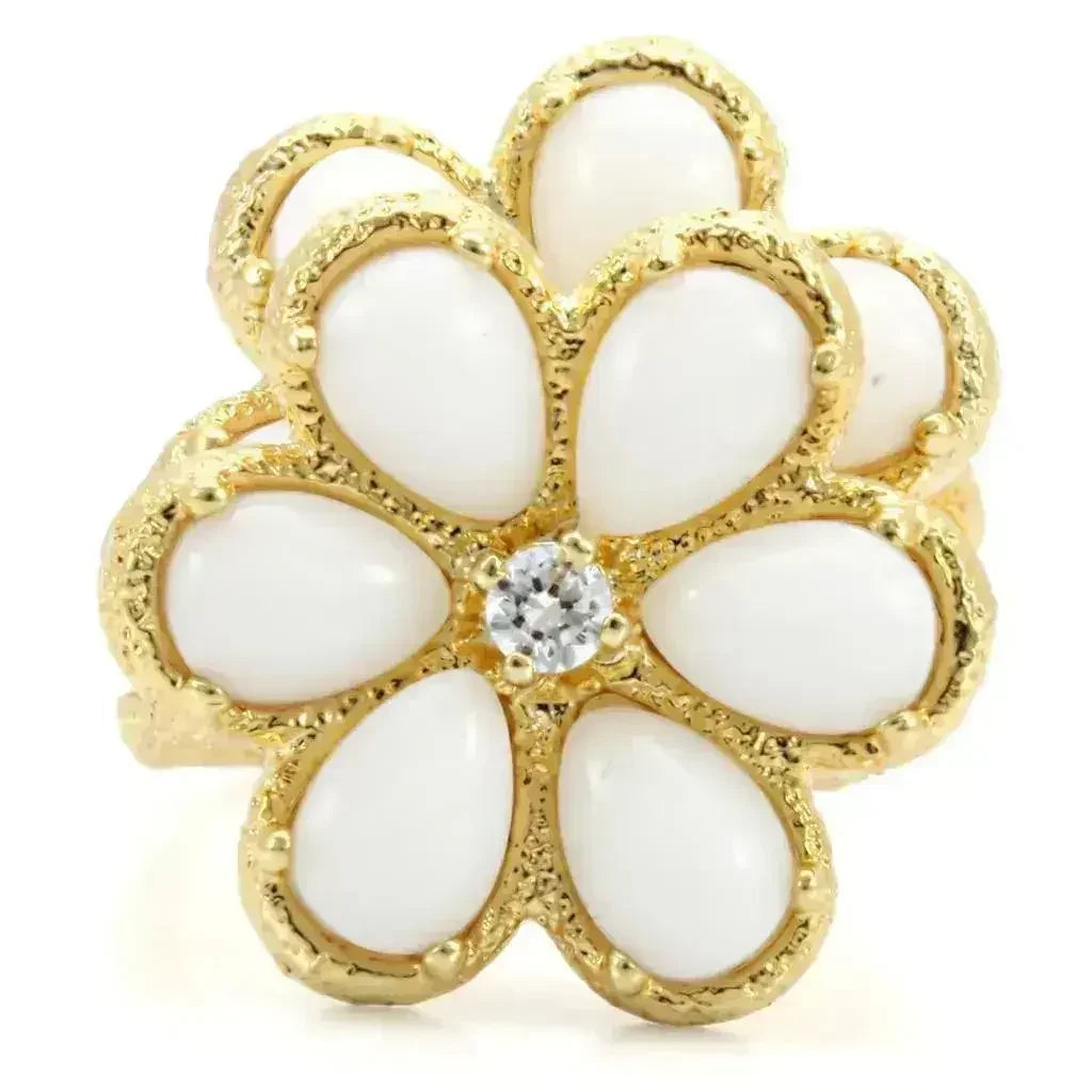 1W045 Gold Brass Ring – White Synthetic Glass Solitaire