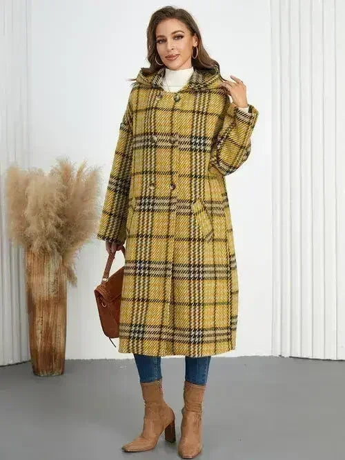 Plaid Double-Breasted Long Sleeve Longline Coat