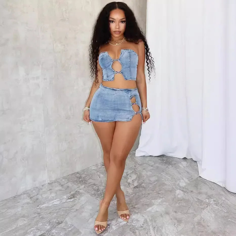 Sexy Denim Strapless Top Sleeveless Hollow Out Two Piece Sets Women Crop Tops Mini Skirt Cowboy Outfits Streetwear Skirts Suits
