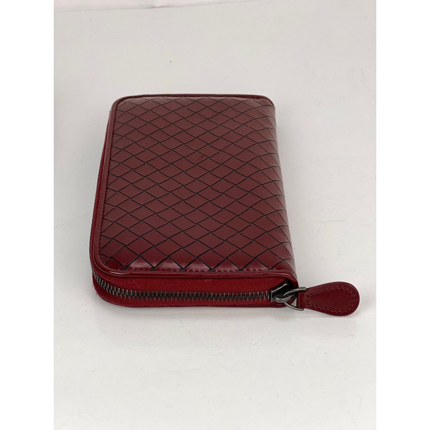 Bottega Veneta Burgundy Intrecciato Zip Around Leather Wallet Clutch