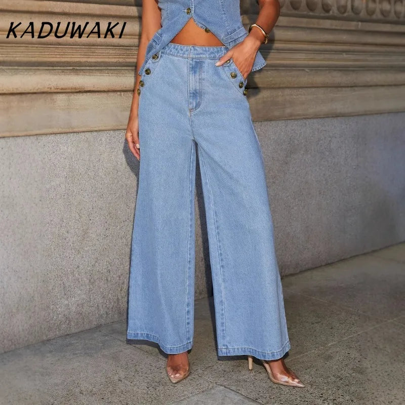 KADUWAKI Slim Denim Waistcoat Jeans 2pc Women Elegant Single Breasted O Neck Vest Wide Leg Pants Spring Lady High Street Outfits
