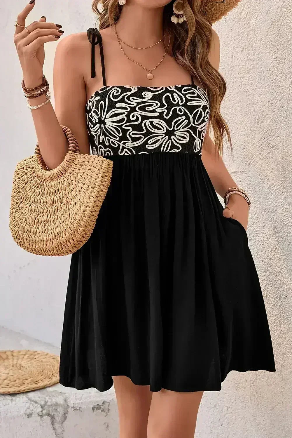 Black Floral Tie Straps Mini Dress