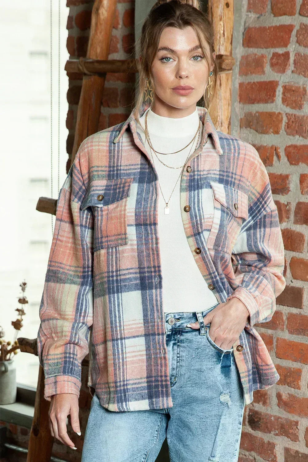 Pink & Grey Button Up Plaid Flannel Shacket – Femstylo