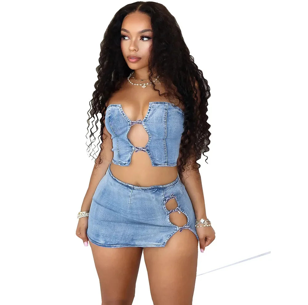 Sexy Denim Strapless Top Sleeveless Hollow Out Two Piece Sets Women Crop Tops Mini Skirt Cowboy Outfits Streetwear Skirts Suits