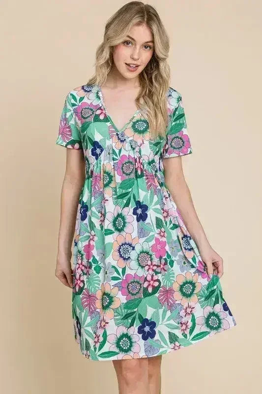 BOMBOM Ruched Floral V-Neck Short Sleeve Dress