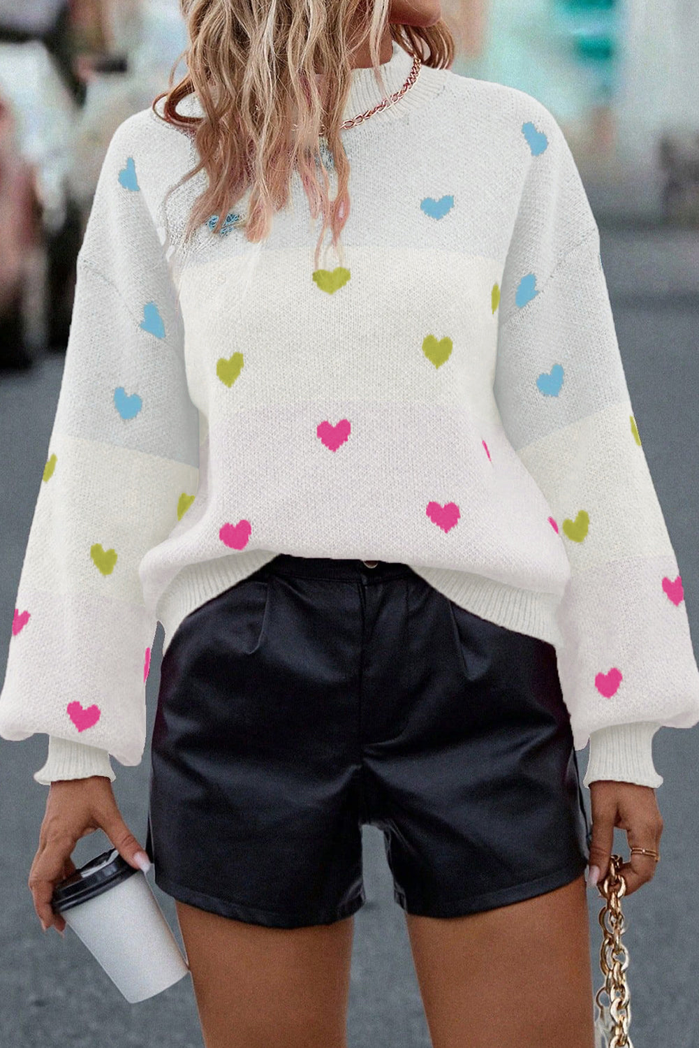 Multicolor Heart Pattern Colorblock High Neck Sweater