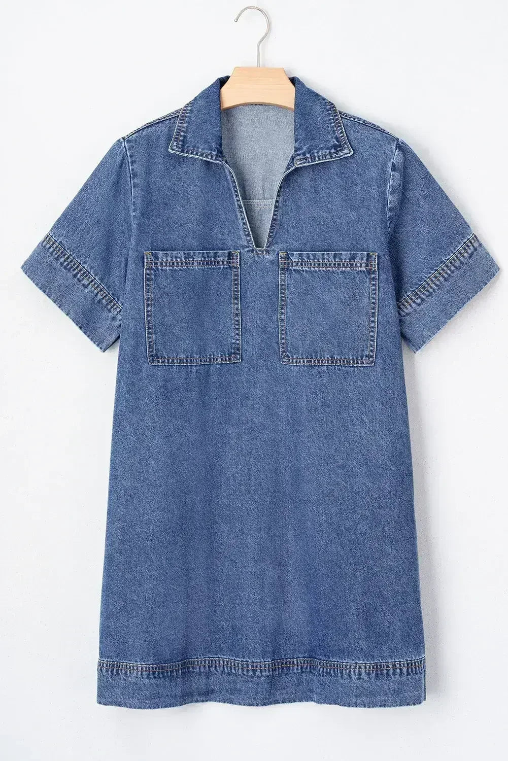 Beau Blue Short Sleeve Collared Chest Pocket Denim Mini Dress