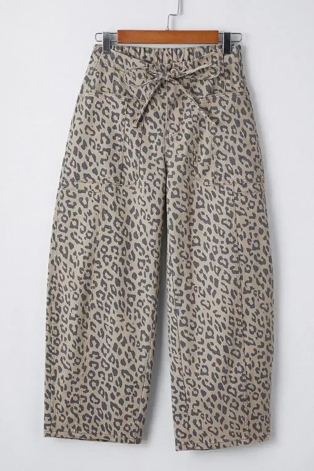 Blue Leopard Print Drawstring Waist Pocketed Wide Leg Jeans