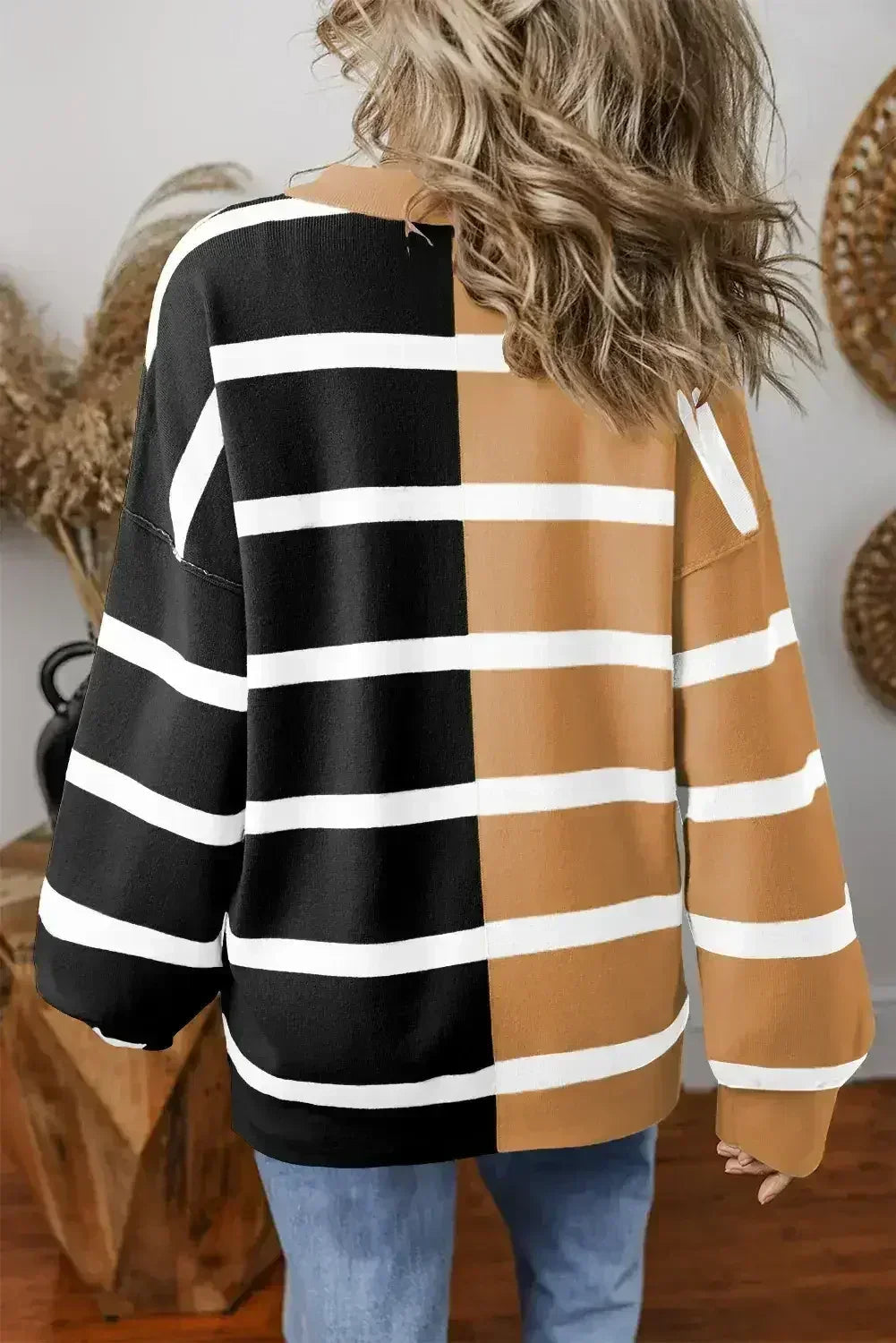 Pink Striped Patchwork Drop Shoulder Sweater