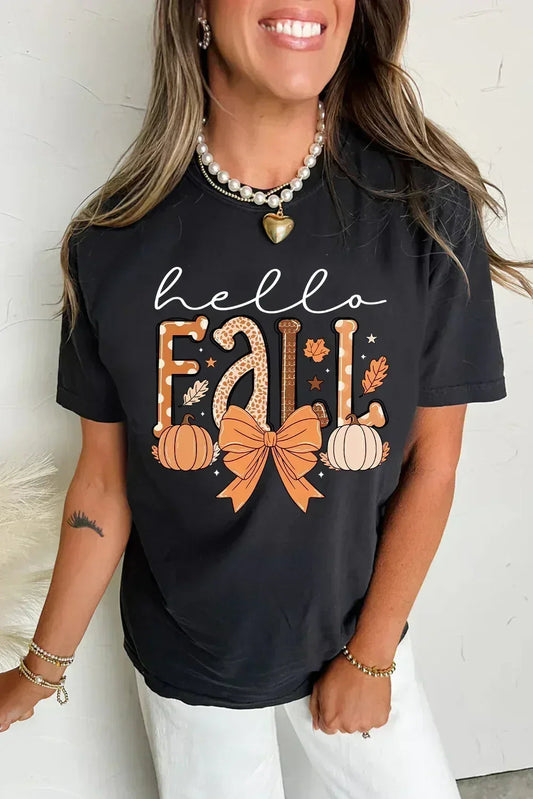 Black Hello Fall Thanksgiving Bow Pumpkin Graphic Tee