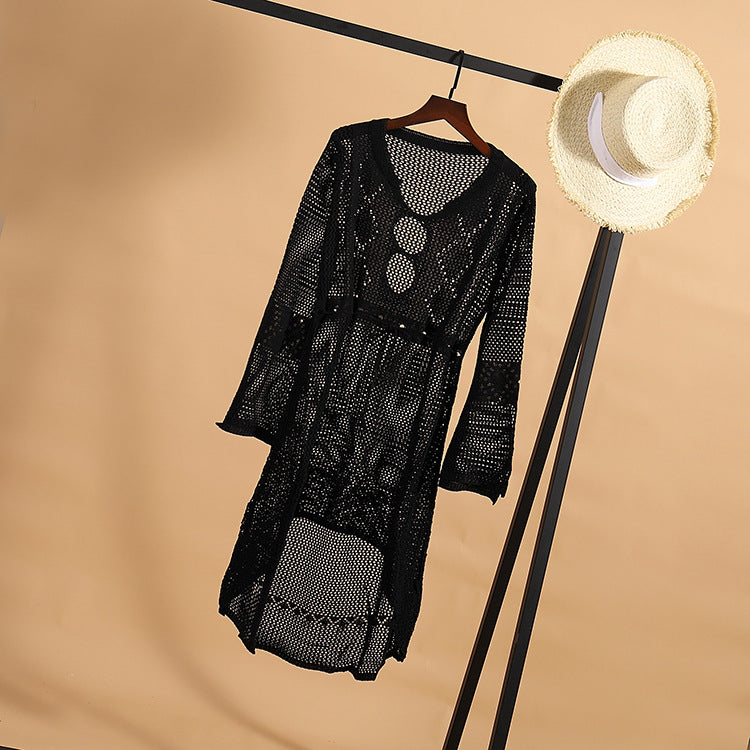 Hollow out Knitted Dress Bell Sleeve Beach Jacket Sexy Beach Cover Up Sun Protection Clothing Swimsuit Outwear Crochet hook