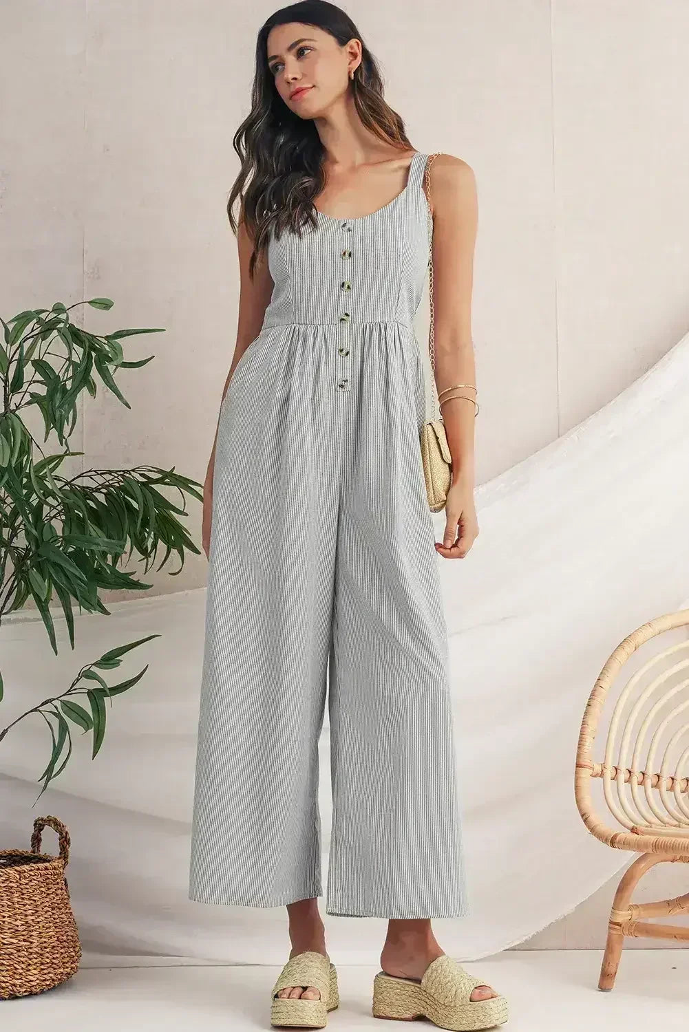 Black Stripe Half Buttoned Sleeveless Wide Leg Jumpsuit