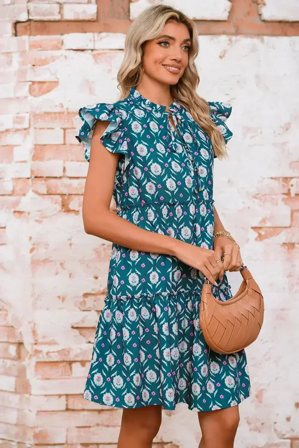Blue Retro Floral Print Split Neck Ruffle Short Sleeve Dress