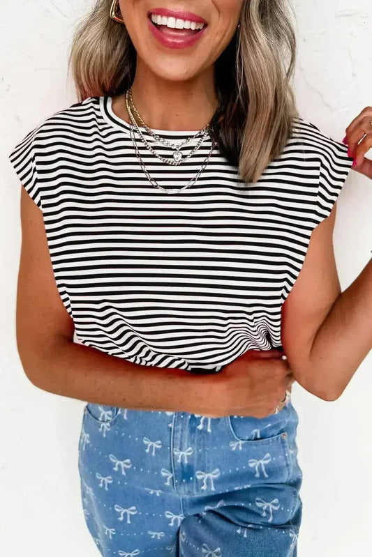 Black Stripe Ribbed Cap Sleeve Round Neck T Shirt