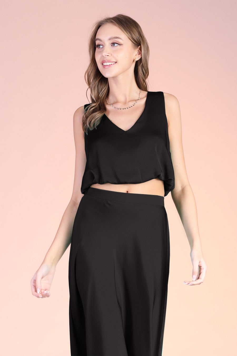 Black Silk V-Neck Bubble Top