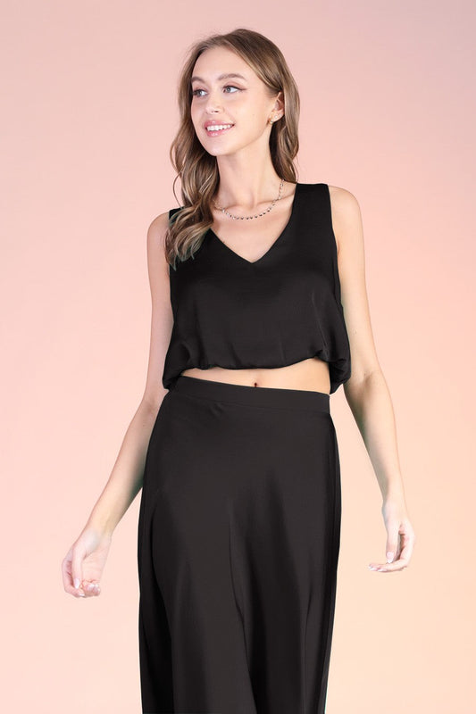 Black Silk V-Neck Bubble Top
