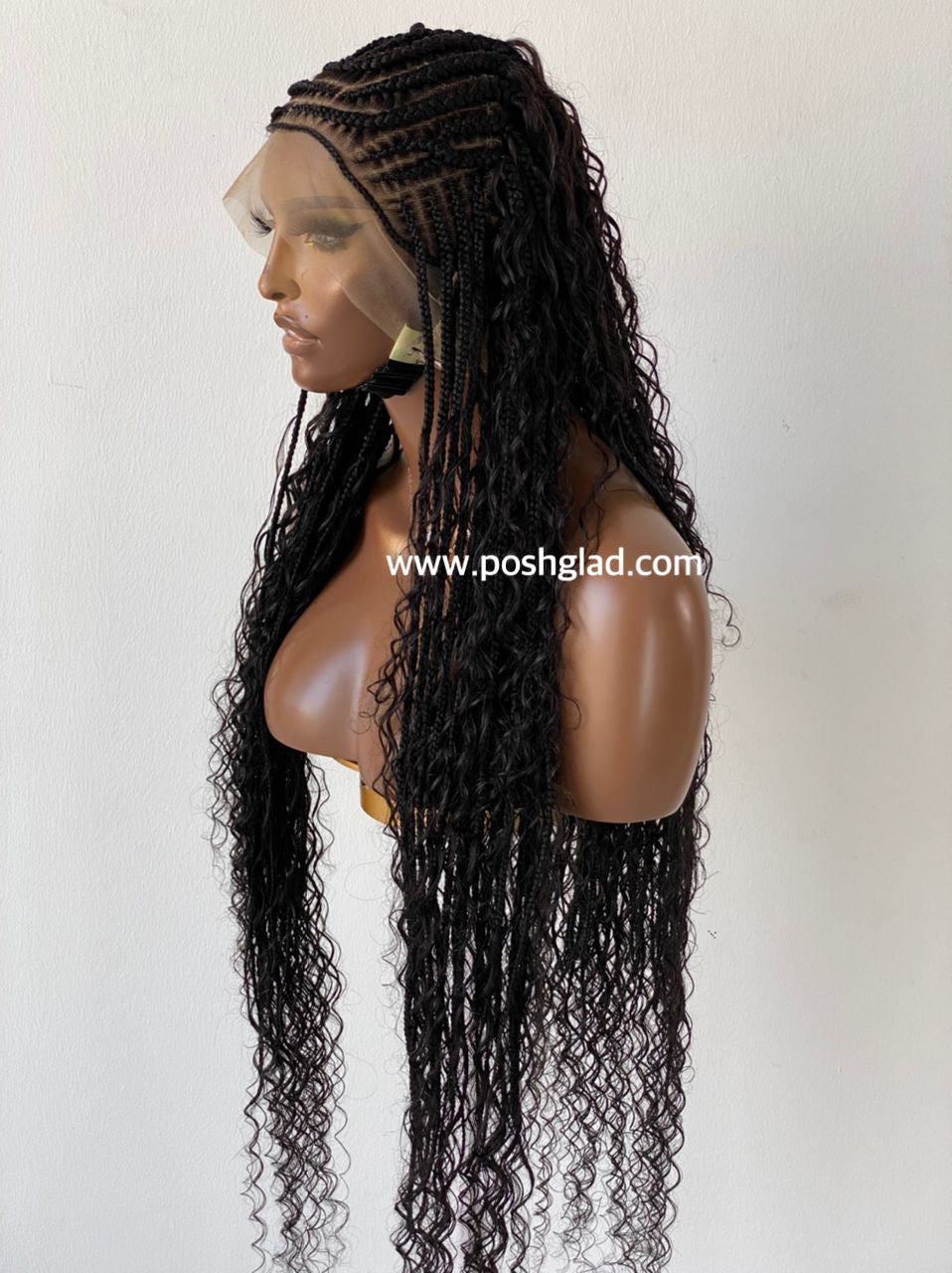French Braid Bohemian Cornrow Wig, 100% Human Hair, Full Lace, Black Color - Dash (Tara)