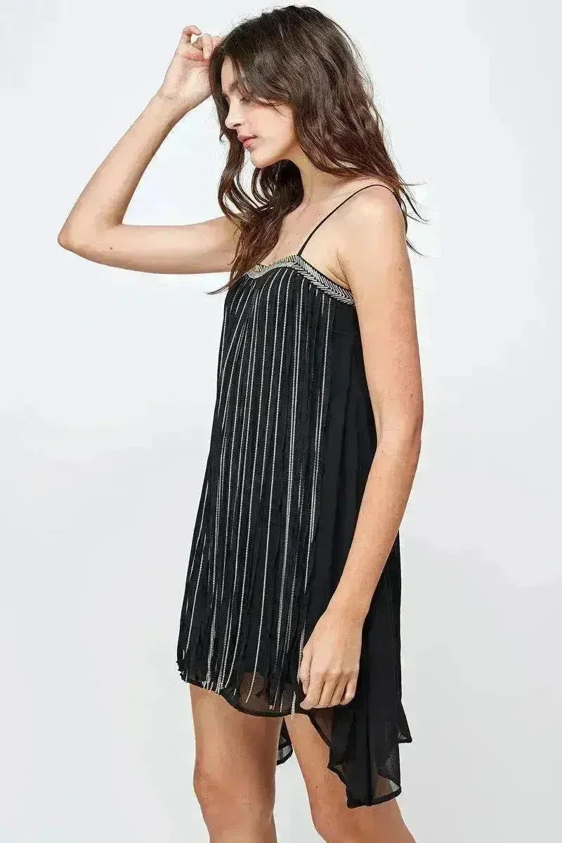 Metallic Fringe Sleeveless Mini Dress Flow - Femstylo