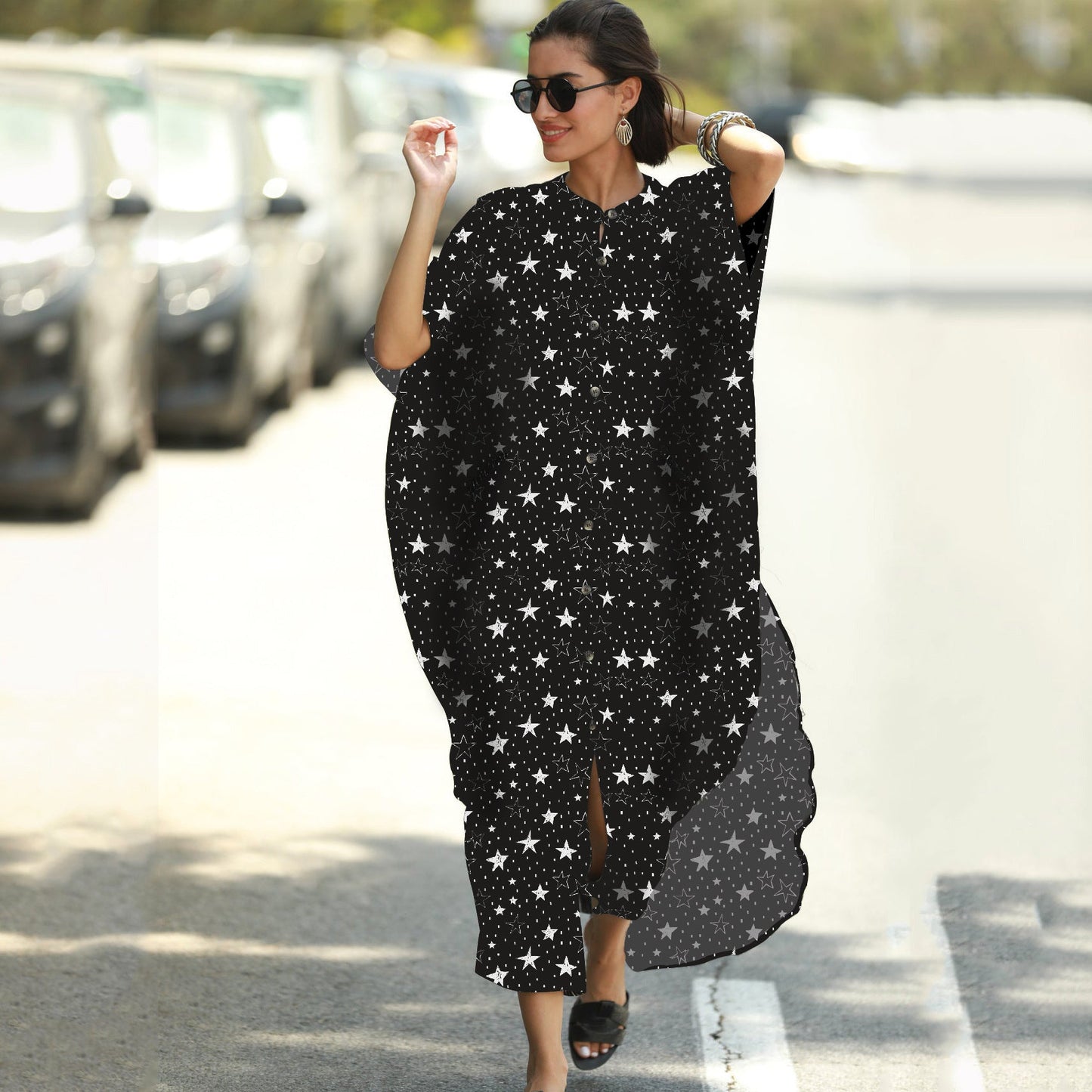Beach Cover-up Elastic Printing Oversized Button Vacation Robe