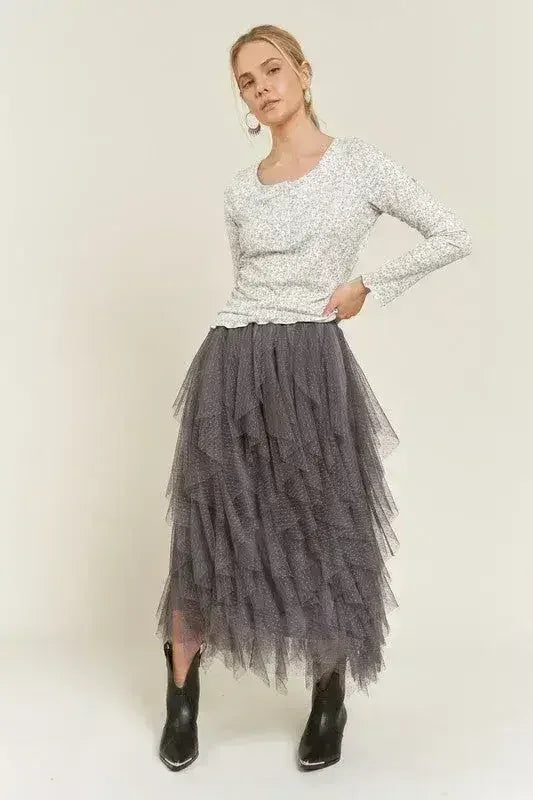 PLUS LAYER POLKA DOT MESH LINED A-LINE MIDI SKIRT