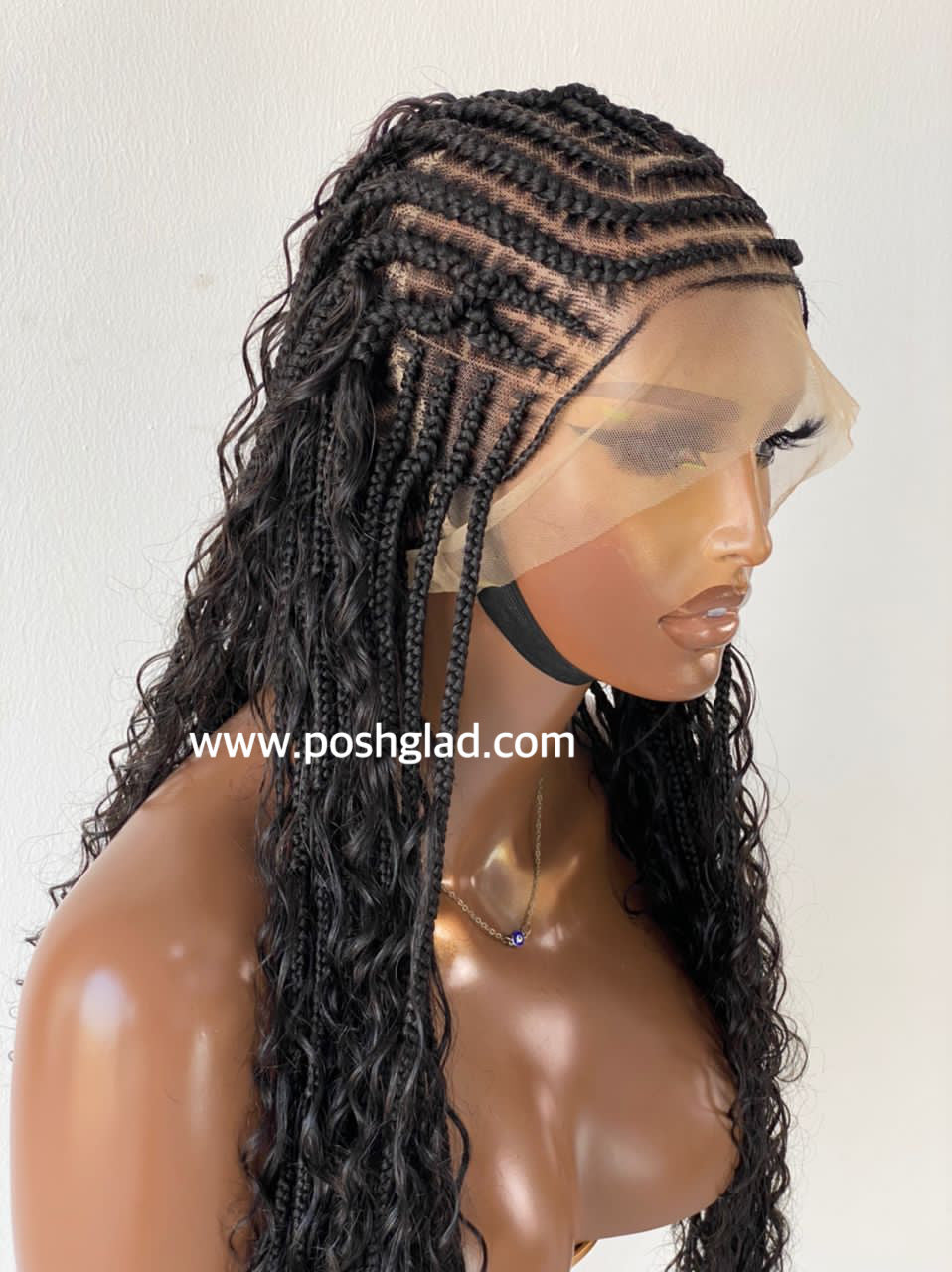 French Braid Bohemian Cornrow Wig, 100% Human Hair, Full Lace, Black Color - Dash (Tara)