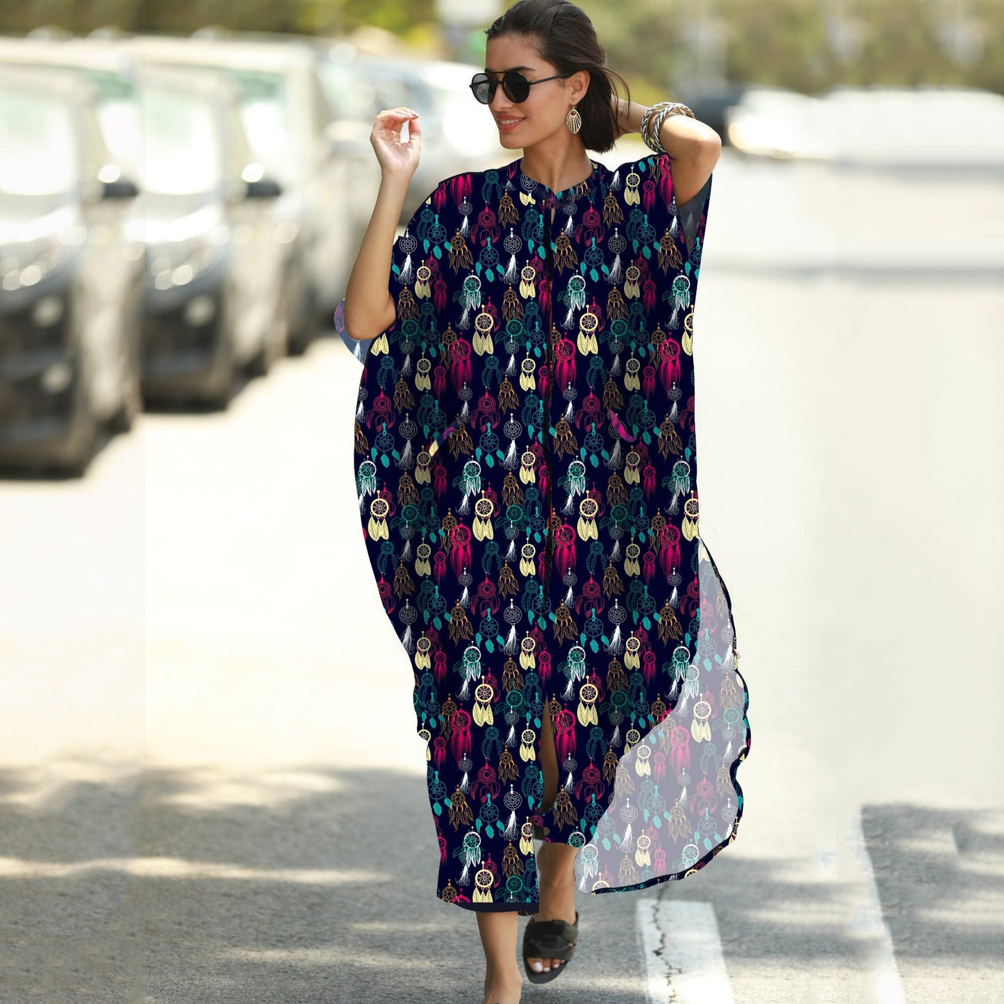 Beach Cover-up Elastic Printing Oversized Button Vacation Robe