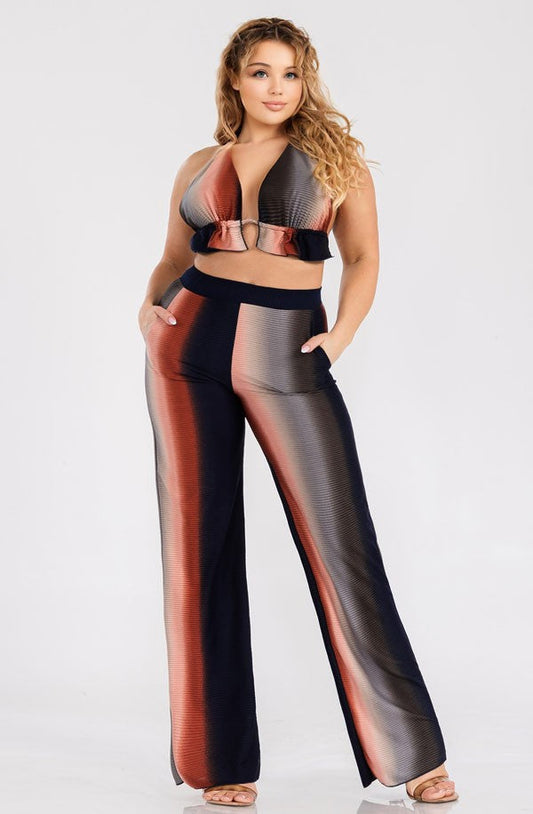 Ombre Plus Size Three Piece Rib Crop Top Pant Set With Cardigan