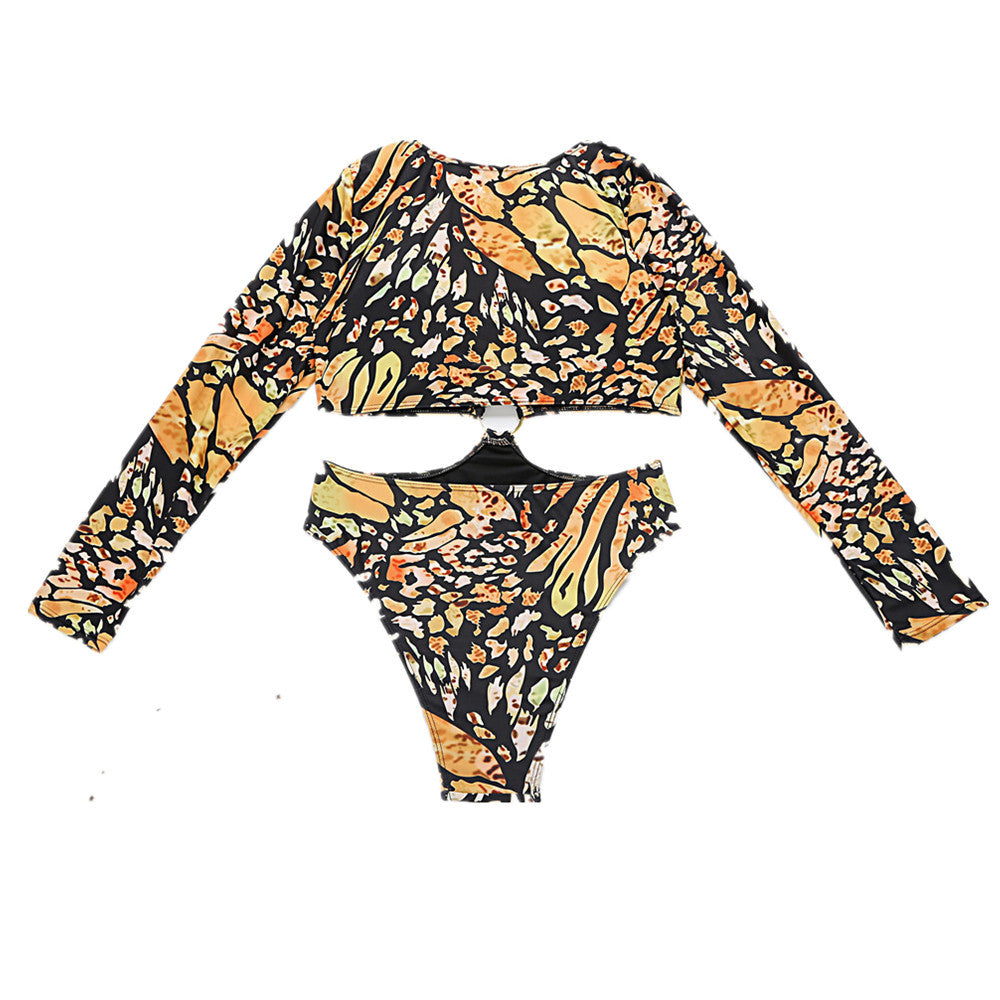 Swimwear One-Piece Swimsuit Long Sleeve Sunscreen Leopard Print One-Piece Bikini