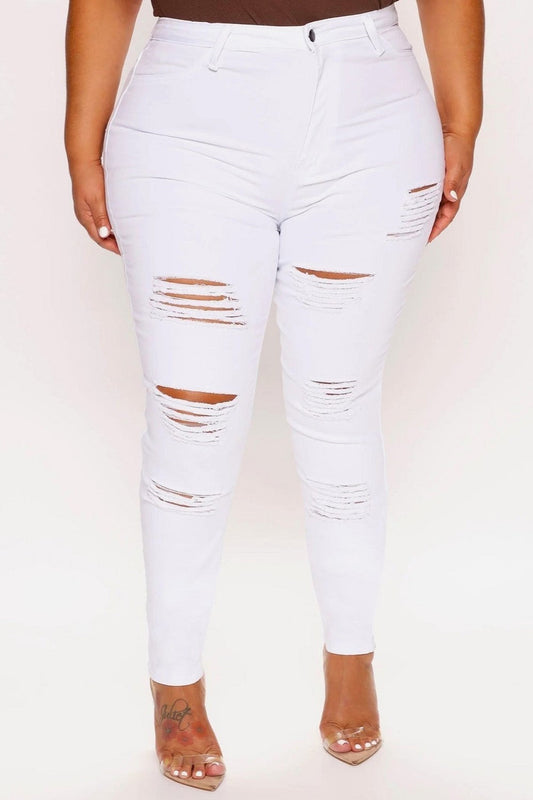 Kayla Plus Size High Rise Destroyed White Skinny Jean