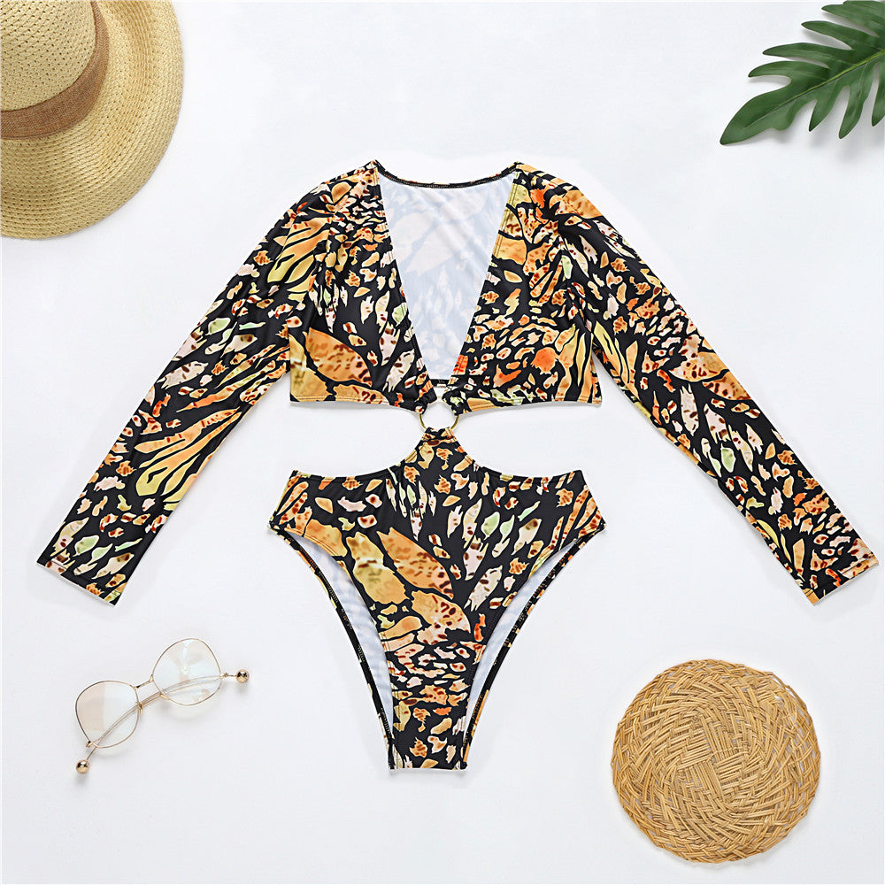 Swimwear One-Piece Swimsuit Long Sleeve Sunscreen Leopard Print One-Piece Bikini