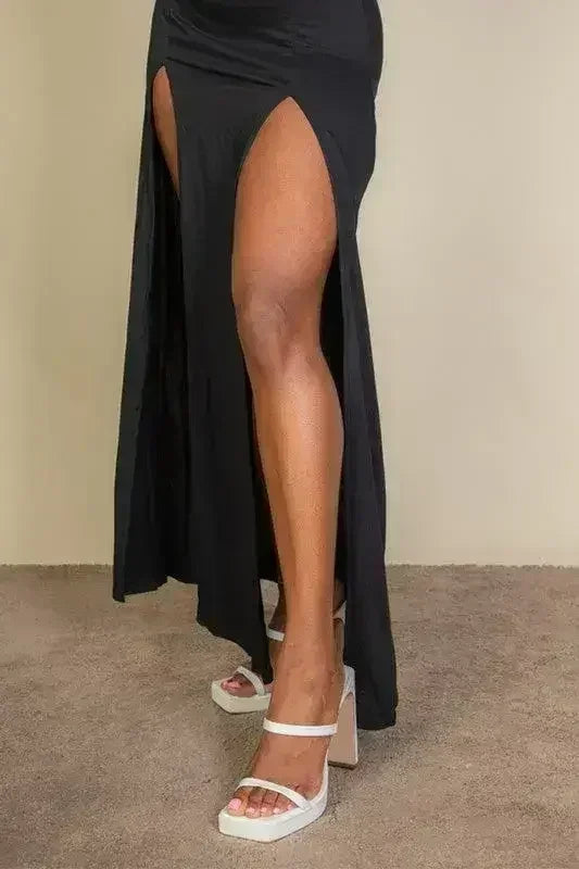 Plunge Neck Thigh Split Dress