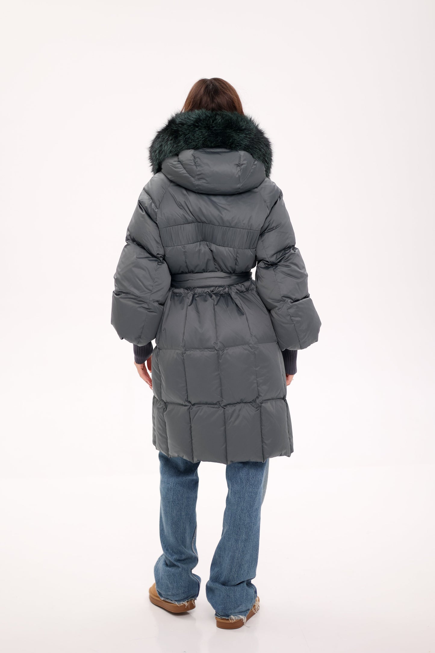 Genuine Silver Fox Fur Trim Down Coat in Forest Slate