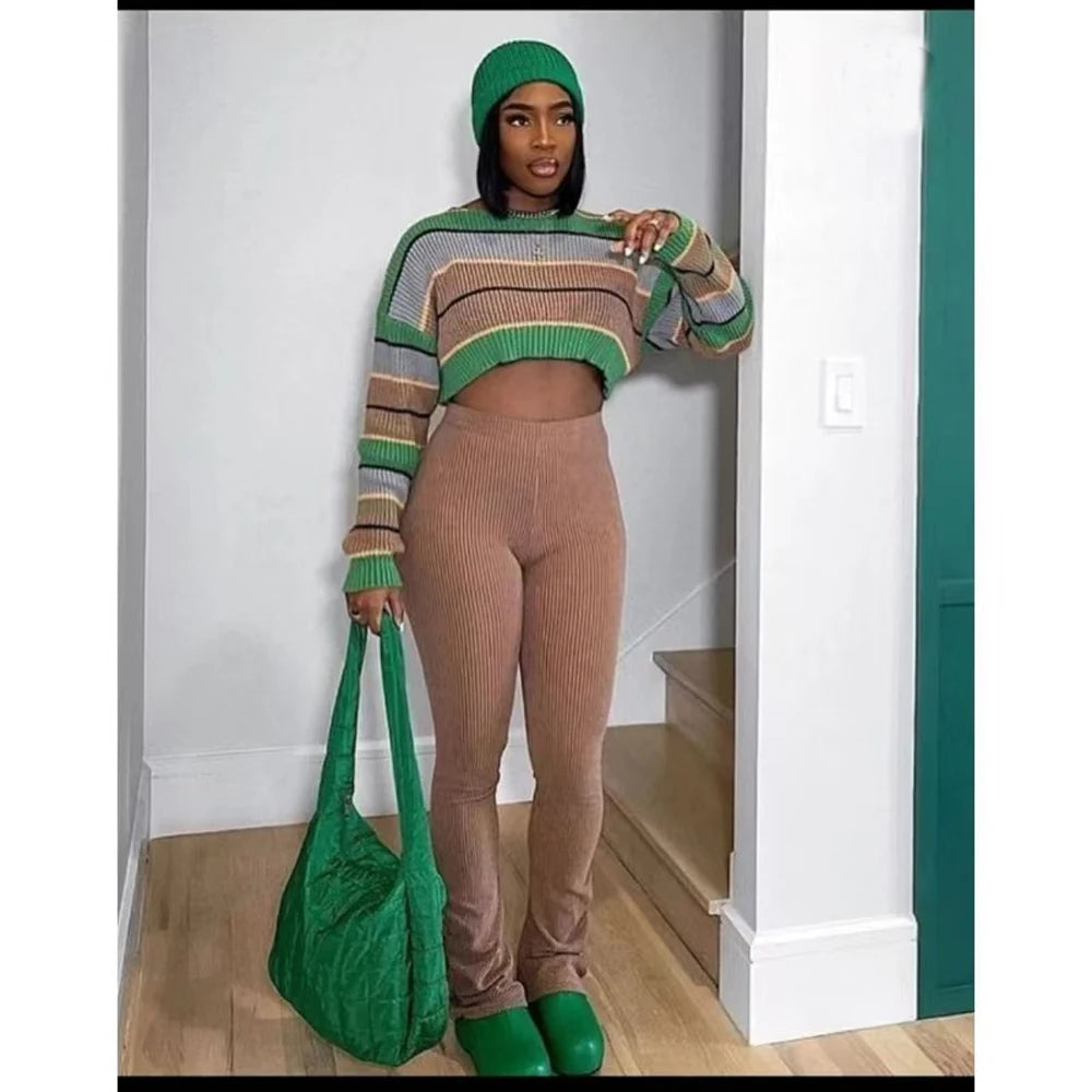 Women 2 Piece Set Long Sleeve Striped Sweater and Sweat Pants Suits 2024 Winter Fitness Active Two Piece Lounge Sets Tracksuit