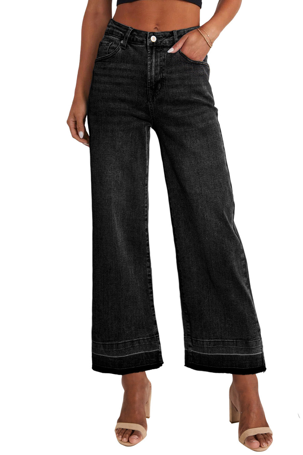 Black Raw Hem Loose Straight Leg High Waist Jeans Denim