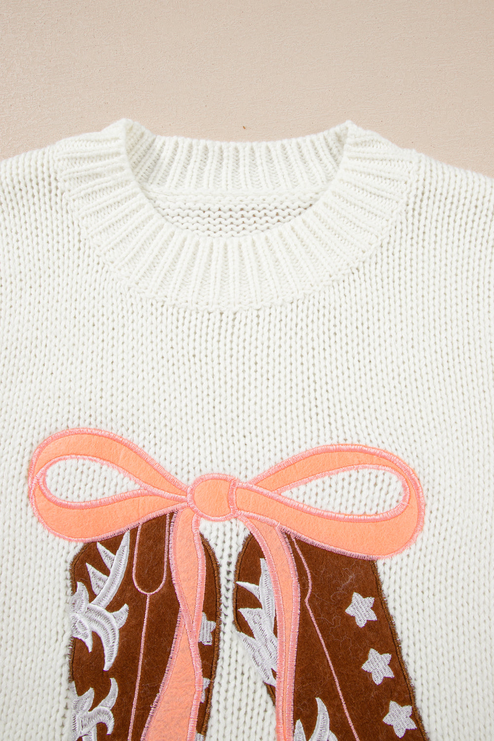 White Embroidered Bow Graphic Drop Shoulder Sweater