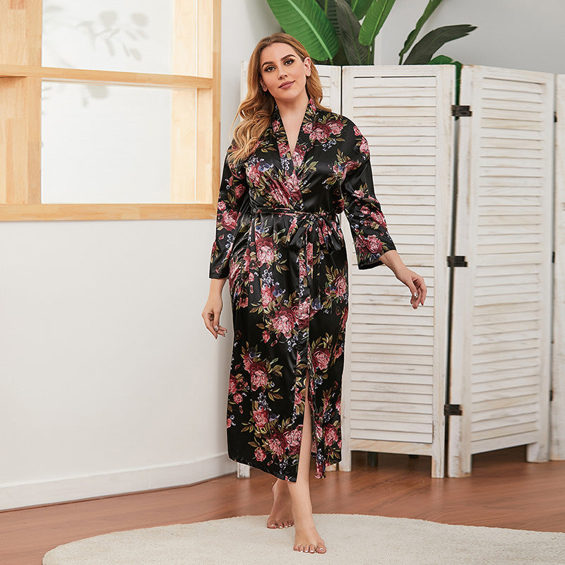 Plus Size Spring Autumn Artificial Silk Women Thin Long-Sleeved Home Wear Can Be Worn outside Nightgown