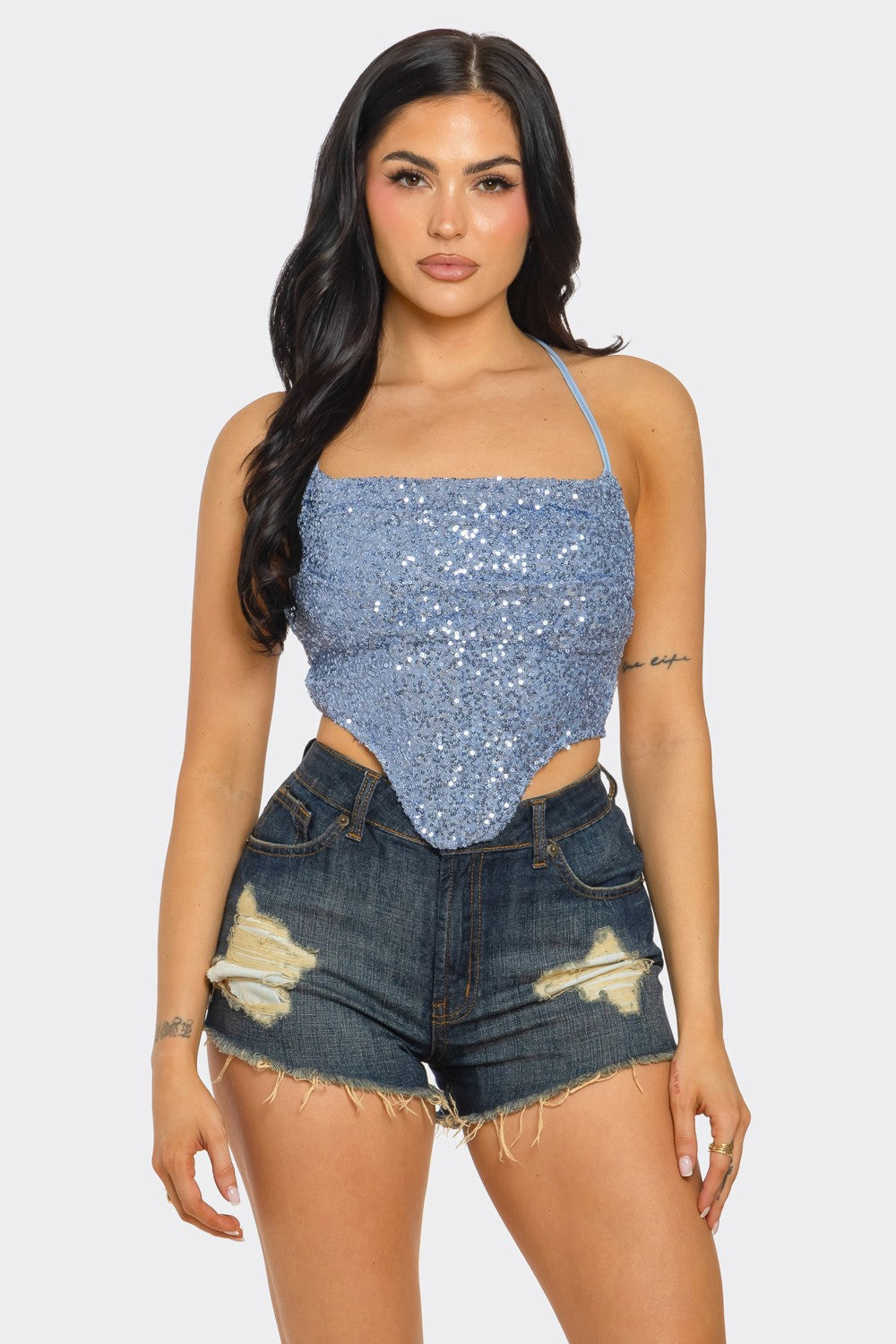 BAYLEE OPEN BACK TIE SEQUIN FESTIVIAL CROP TOP