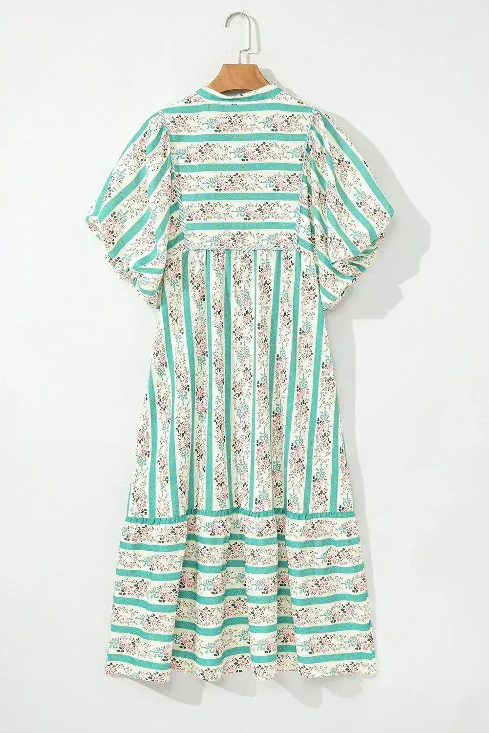 Multicolor Boho Floral Striped Tie V Neck Long Dress