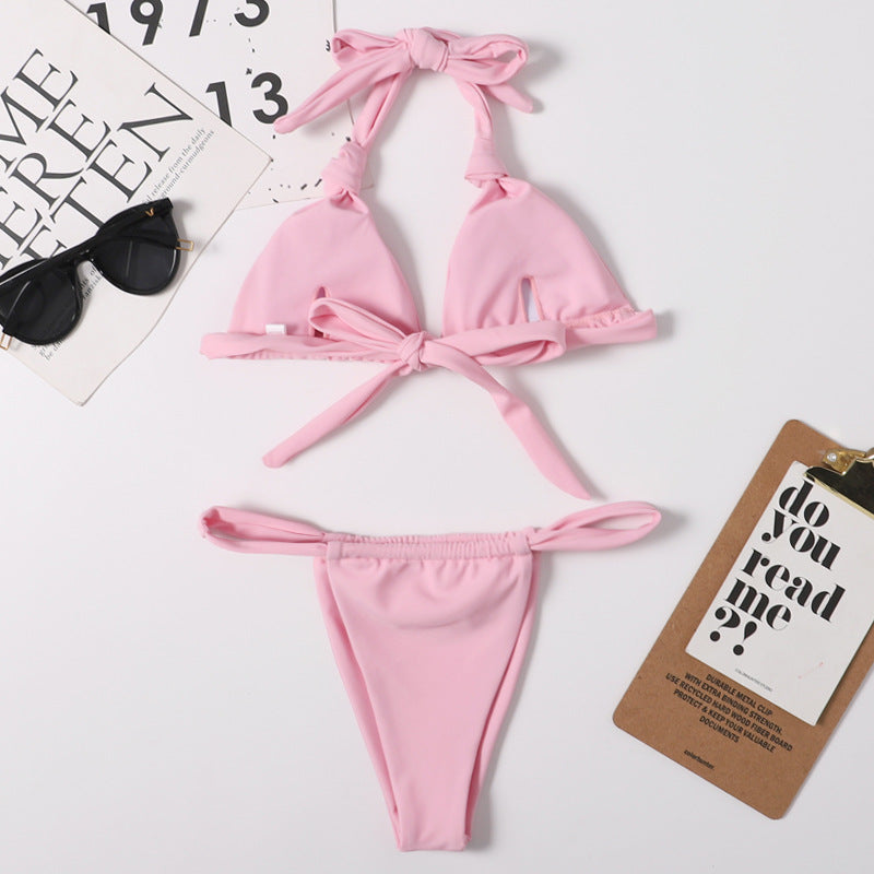 Bikini Split Swimsuit Women Solid Color Sexy Swimsuit Triangle Halter Spaghetti Straps Nylon Swimsuit