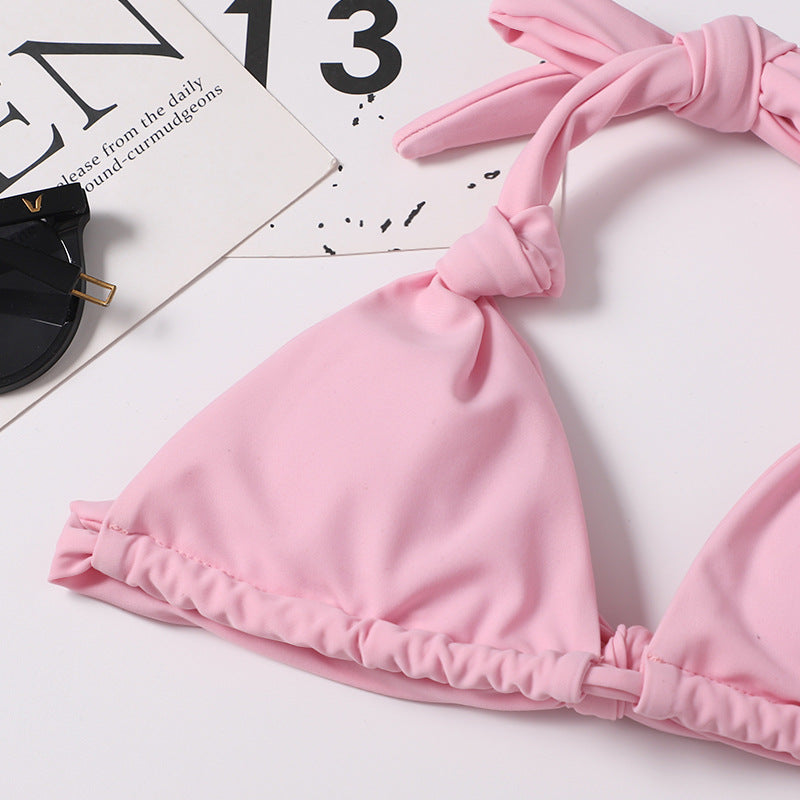 Bikini Split Swimsuit Women Solid Color Sexy Swimsuit Triangle Halter Spaghetti Straps Nylon Swimsuit