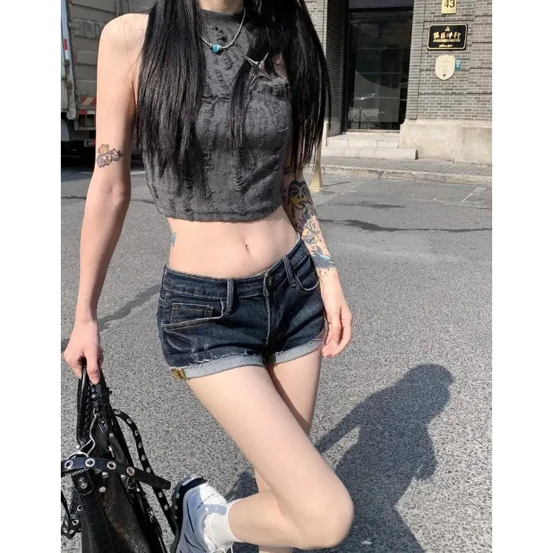 Women's Low Rise Elastic Tight Curled Denim Shorts Summer New Hot Girl Street Casual Hip Wrap Sexy Mini Shorts Female