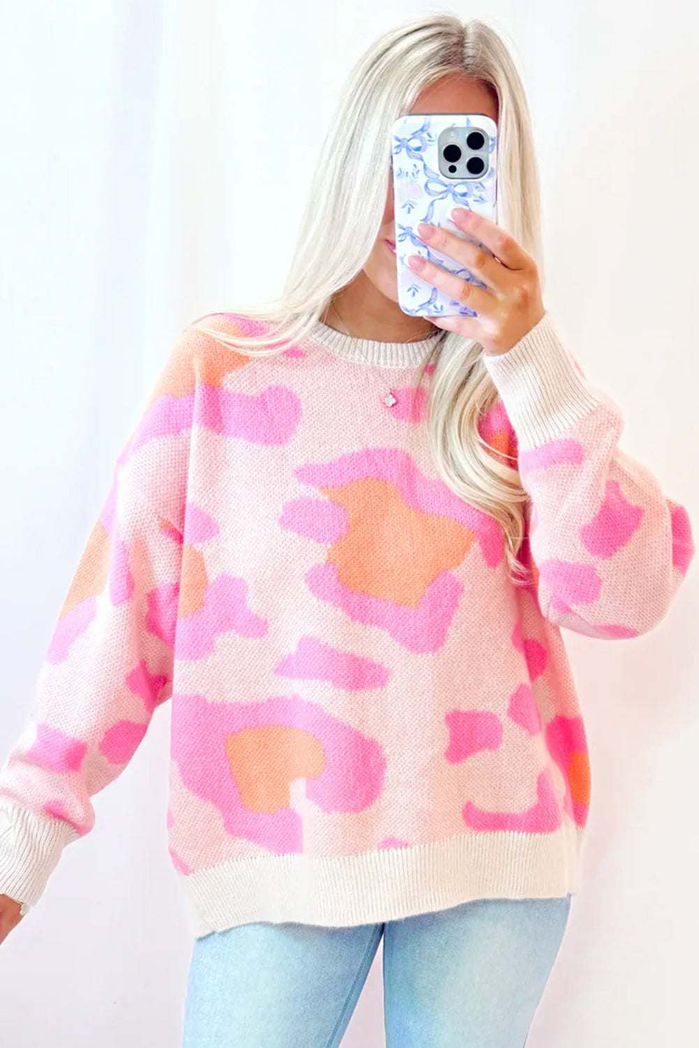 Sachet Pink Cheetah Colorblock Sweater Long Sleeve Cozy