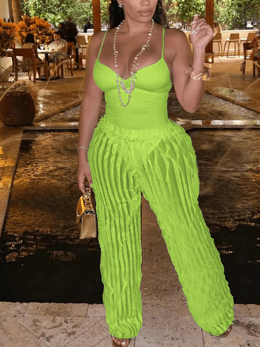 Women's Solid Backless Cami Bodysuit & Elastic Waist Frilled Pants Set, Fashion Casual V Neck Spaghetti Strap Bodysuit & Straigh