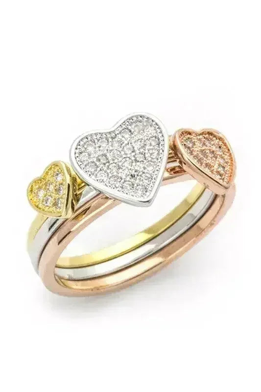 3 Tone CZ Heart Triple Ring Set - Cubic Zirconia Stackable Rings