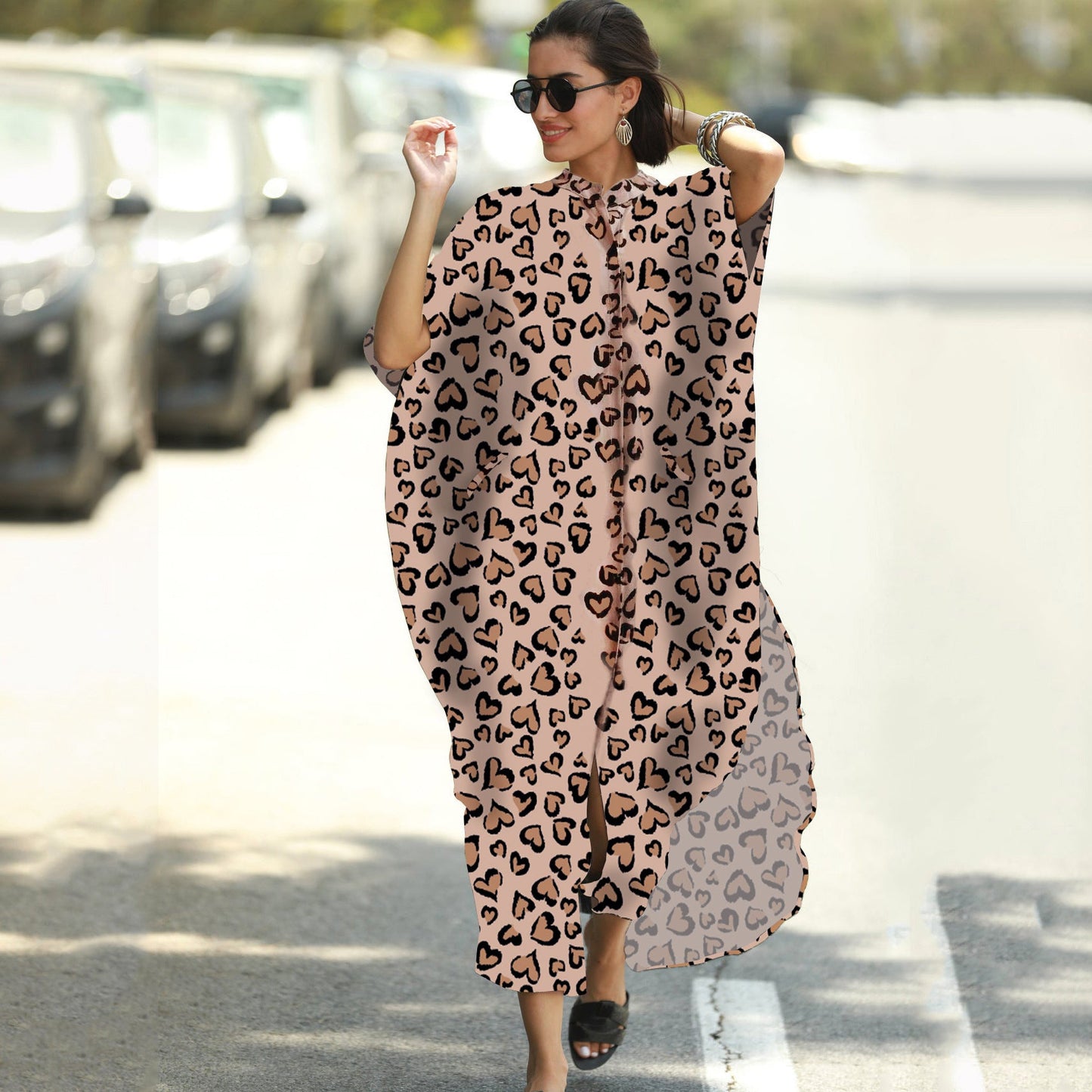 Beach Cover-up Elastic Printing Oversized Button Vacation Robe