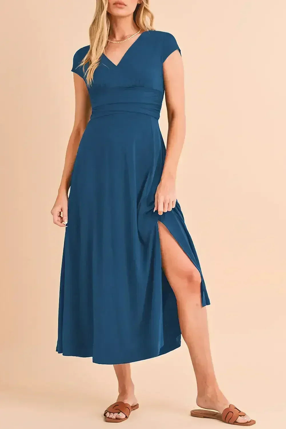 Black Deep V Neck Ruched High Waist Midi Dress