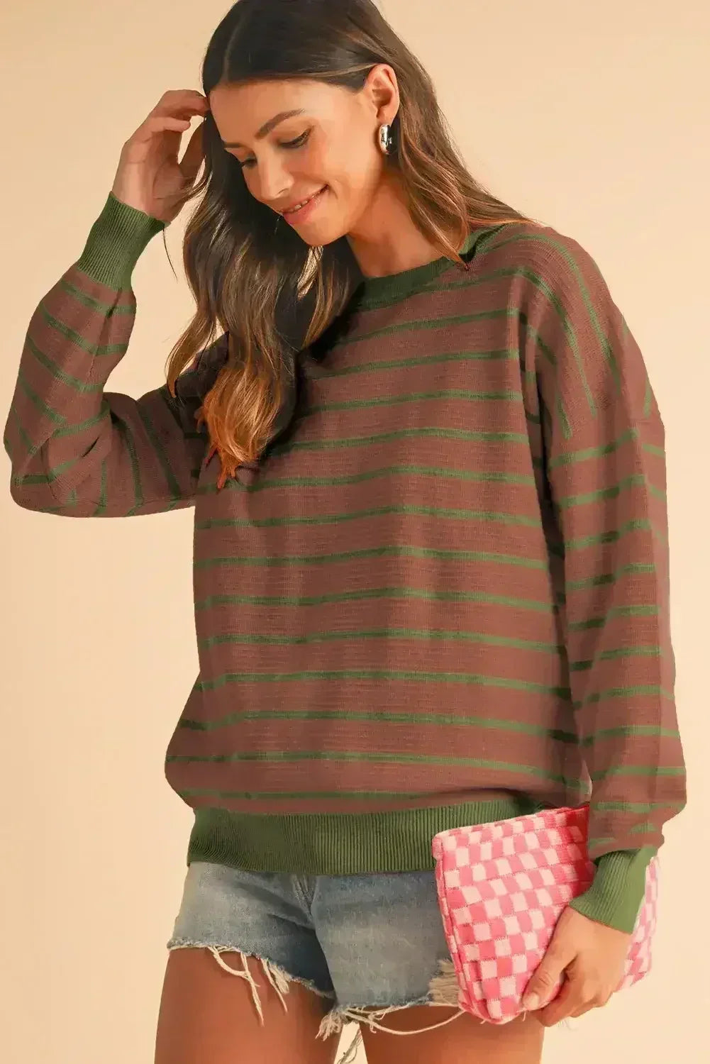Pink Stripe Round Neck Drop Shoulder Loose Sweater